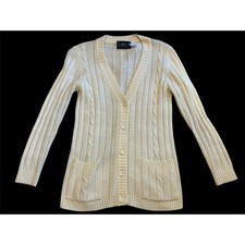 Vintage 80s LeRoy Knitwear Cream Cableknit Buttoned Cardigan Taiwan Women's MED