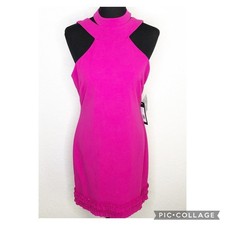 Bebe dress womens Large NEW bright pink halter neck open back sleeveless ruffle