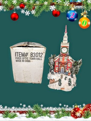 FIBER OPTIC Light Up Town Hall CHRISTMAS Village 13x7'' Clock Pine Trees CHILDREN