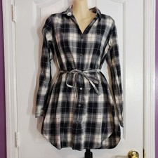 Uniqlo Plaid Flannel Tunic S Black White Long Sleeve Button Down 100%