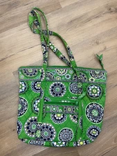 Vera Bradley Floral Circle Green/Navy Shoulder Tote Bag 12"x11"