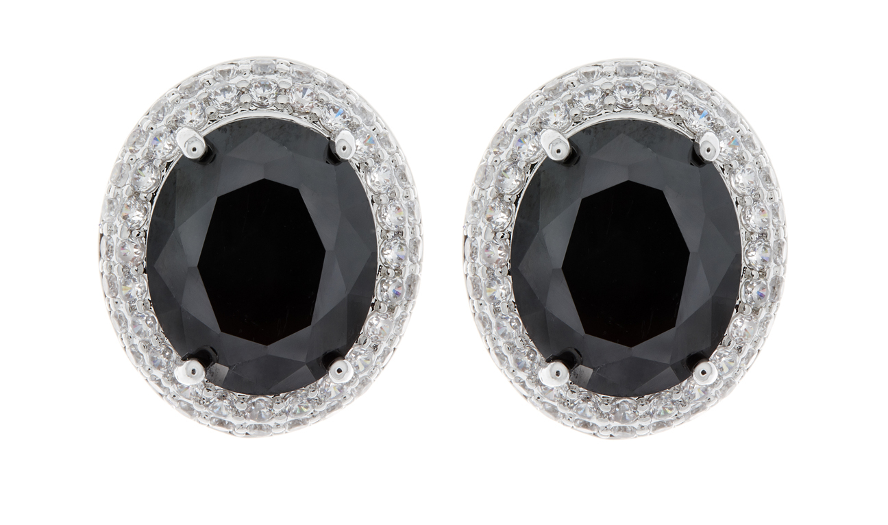 Black Clip On Earrings silver plated stud with a CZ stone and crystals - Miley B