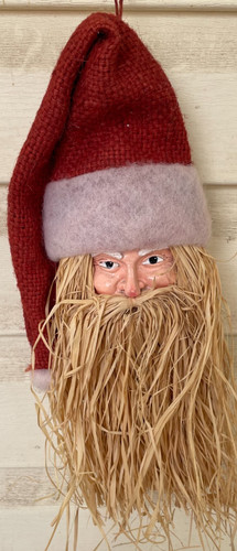 VGT? Hand Made Primitive Christmas Santa Head with Straw Beard Decor