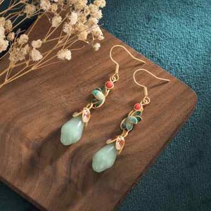 Authentic Gold-Plated Antique Imitation Jade Earrings Hanfu Court Chinese Style