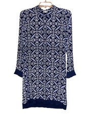 DVF Mini Dress Silk Knit Mosaic‎ Floral Long Sleeve Size Small Navy Blue Retro