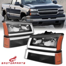 For 2003-2007 Chevy Silverado Avalanche LED DRL Black Headlights + Bumper Lamps