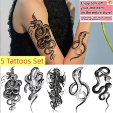 Set of 5 - Waterproof Temporary Tattoo Stickers Snake Rose Arm & Body Art Tattoo