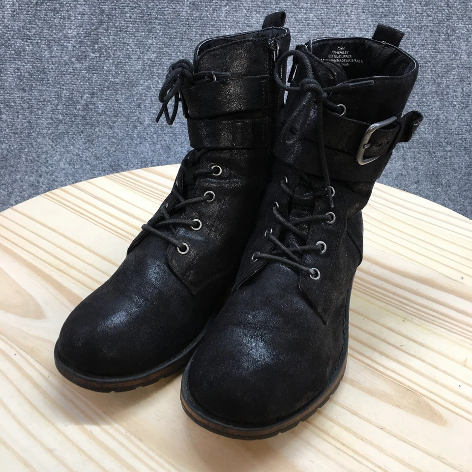 Botas talladas con volantes para mujer 7,5 M Bailey tobillo combate tela negra con cordones cremallera Foto 3 de 4