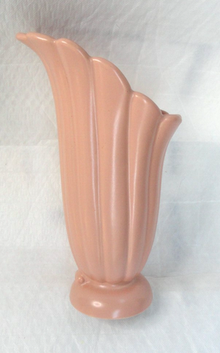 MCM Vintage ABINGDON Vase Pink Feather Fan Glaze Scalloped 10.5" Mold #550