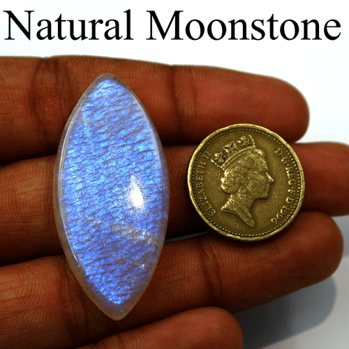 Piedra lunar arco iris brillo azul natural 51 quilates 46 mm x 21 mm piedra preciosa cabujón marquesa - Imagen 8 de 15