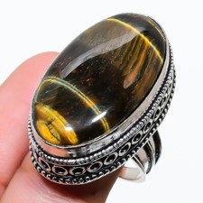 Brown Tiger Eye Gemstone 925 Sterling Silver Jewelry Ring Size 8 US 