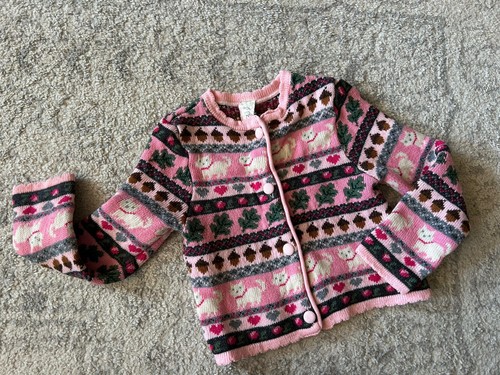 Vintage Girls Cardigan Sweater Sz 5 Pink Valentines Day Hearts Dogs Scallop Trim