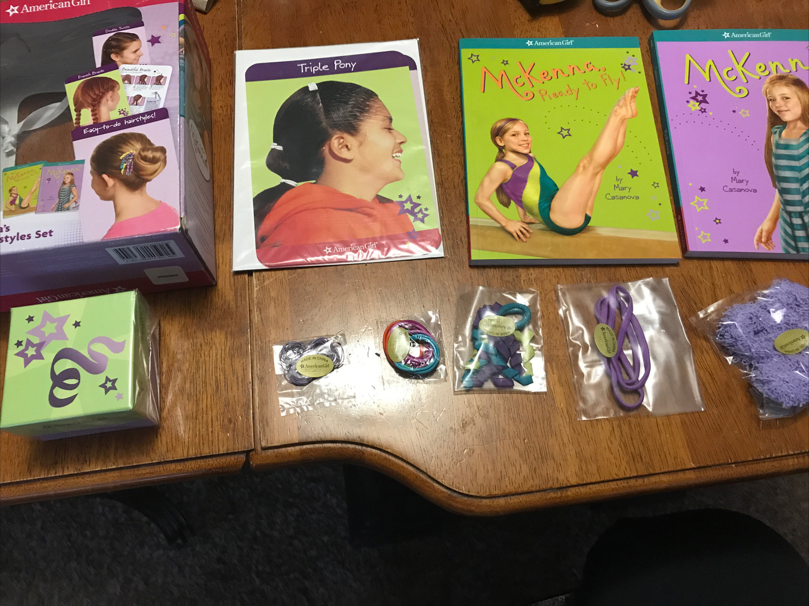 NEW American Girl Doll McKenna's Gymnastics Hairstyle Set hair ties + 2 books
