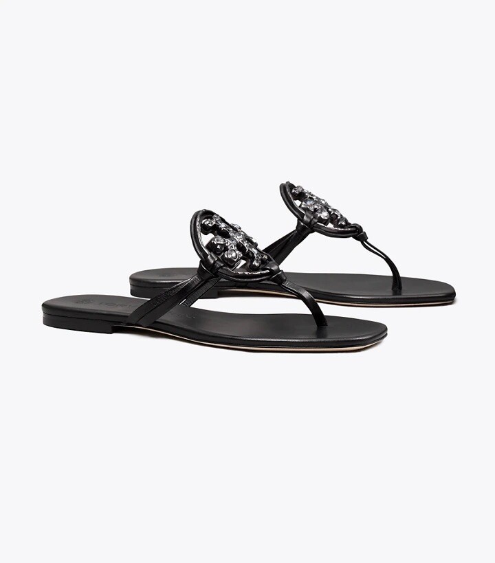 NWT Tory Burch Jeweled Miller Sandals Black Leather Thong Slides | MAD ET  LEN