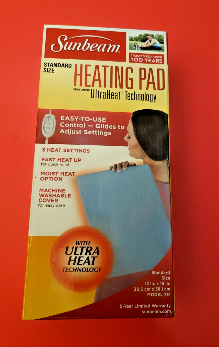 Sunbeam Heating Pad, 12" x 15" Slide Control 3 Settings Moist Opt