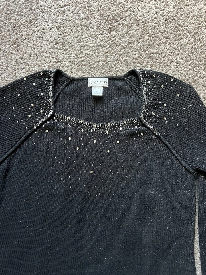 Blusa Vintage Gantos XL Mujer Negra Acanalada Cuentas Manga Larga Noche Años 90 Y2K Foto 3 de 4