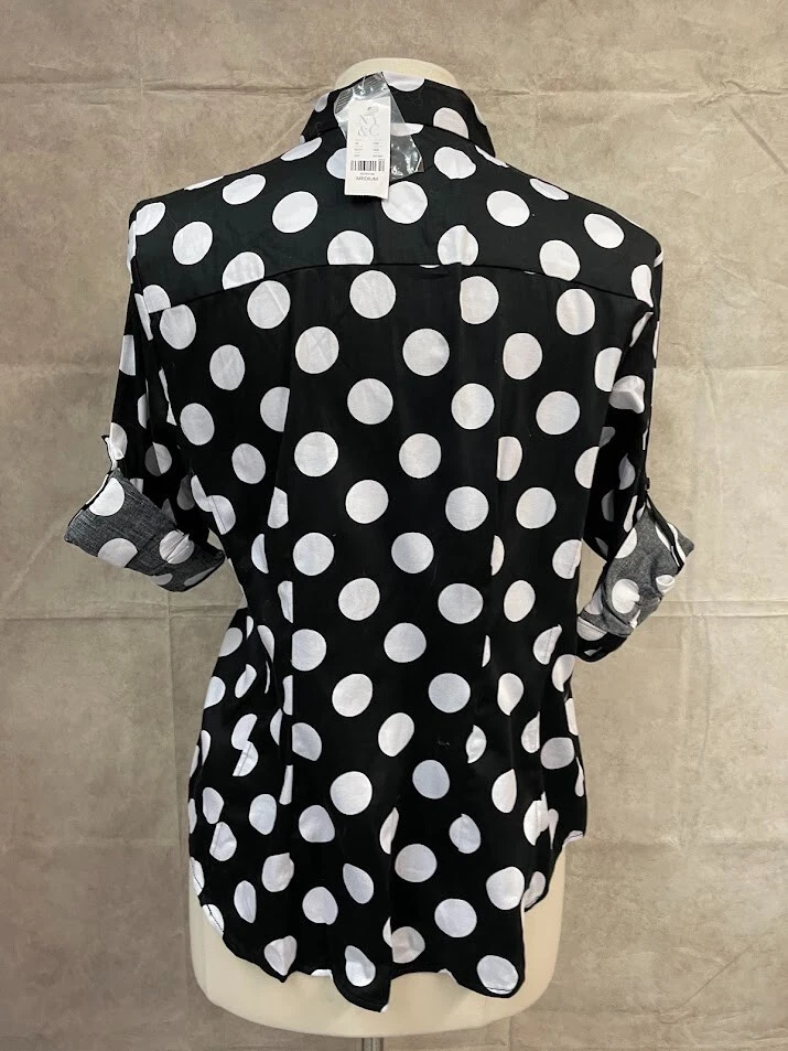 Camisa Blusa 7th Avenue NY&Company Negra Blanca Lunares Abotonada Para Mujer Talla M” Foto 3 de 4