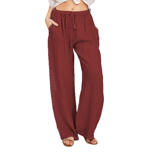 Women's Summer Drawstring Waist Wide Leg Loose Cotton Linen Palazzo Comfy Pants - Bild 5 von 43