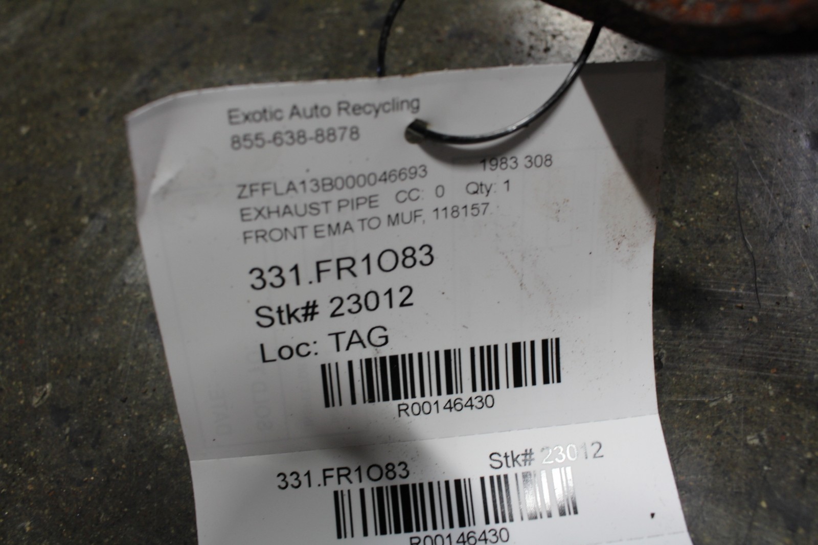 Ferrari 308, Front Exhaust Tail Pipe, Rusted, Used, P/N 118157