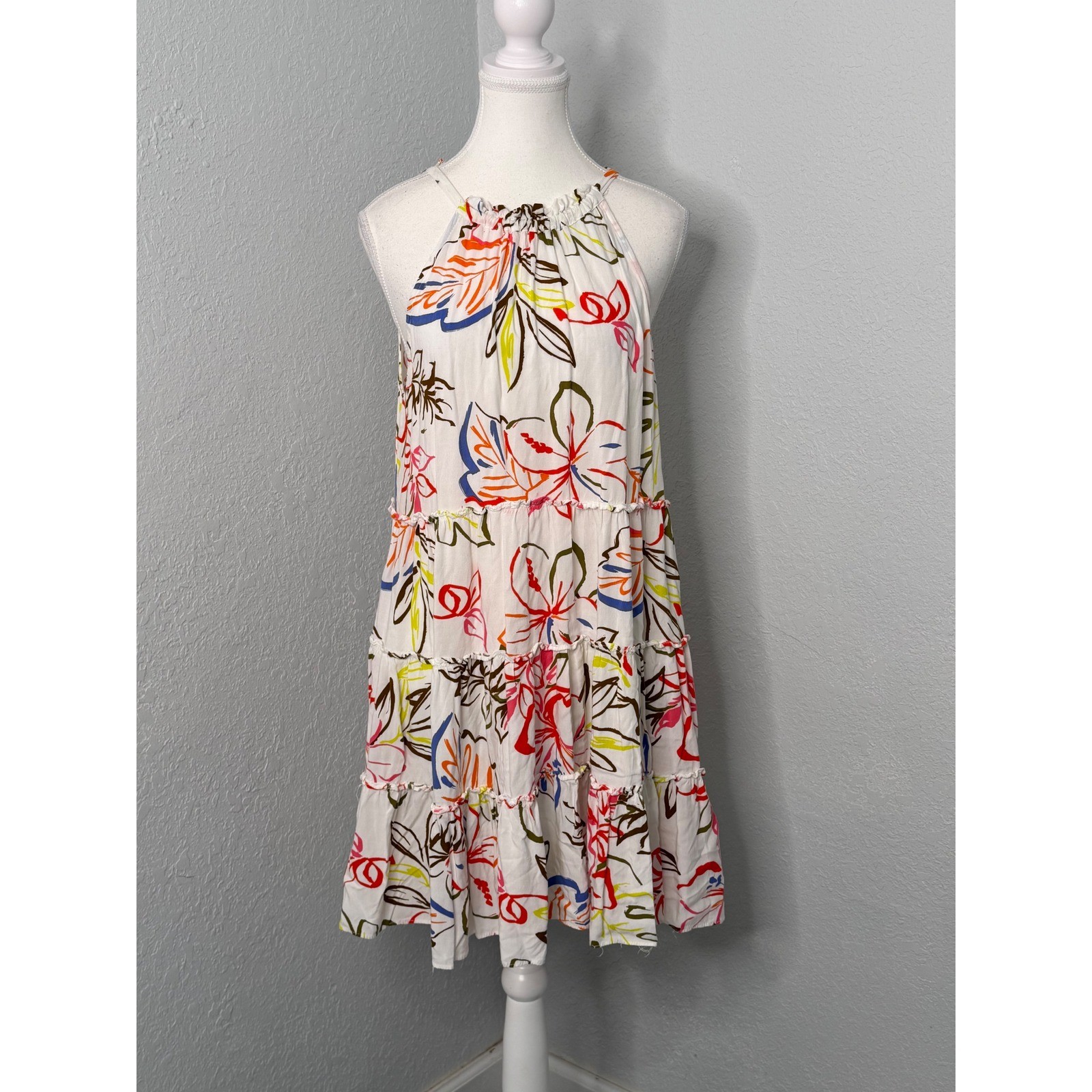 CeCe Womens Floral Halter Tiered Babydoll Dress White Multicolor Size M