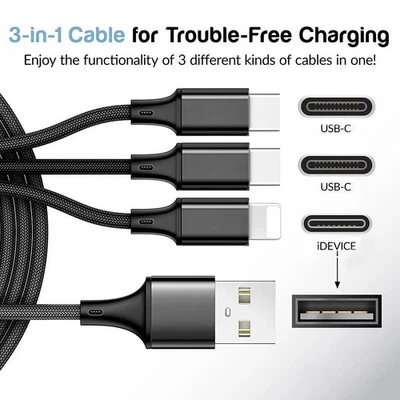 3 in 1 USB Fast Charging Cable Type C Charger For USB-C iPhone Samsung LG 4ft - Image 1 of 4