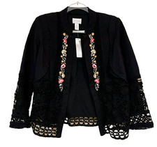 CHICO'S Embroidered Flowers Lace Black Jacket Size 1P US 8-10 NWT NEW Petite