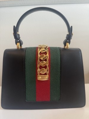 Authentic Gucci Sylvie Top Handle Bag Black Leather Web Stripe