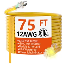 12/3 Gauge Heavy Duty Outdoor Extension Cord 75 ft Waterproof with Lighted end