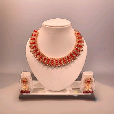 Red Indian bollywood bridal choker Necklace earrings jewellery kundan set