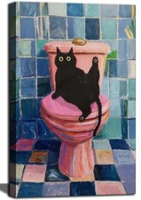 Funny Black Cat Bathroom Canvas Wall Art Cat Bathroom 16"L x 12"W Black cat