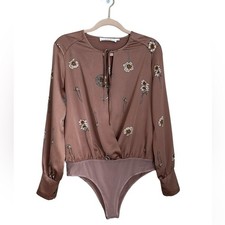 ASTR The Label Floral Drape Front Long Sleeve Bodysuit Mauve Mesh Bottom Size L