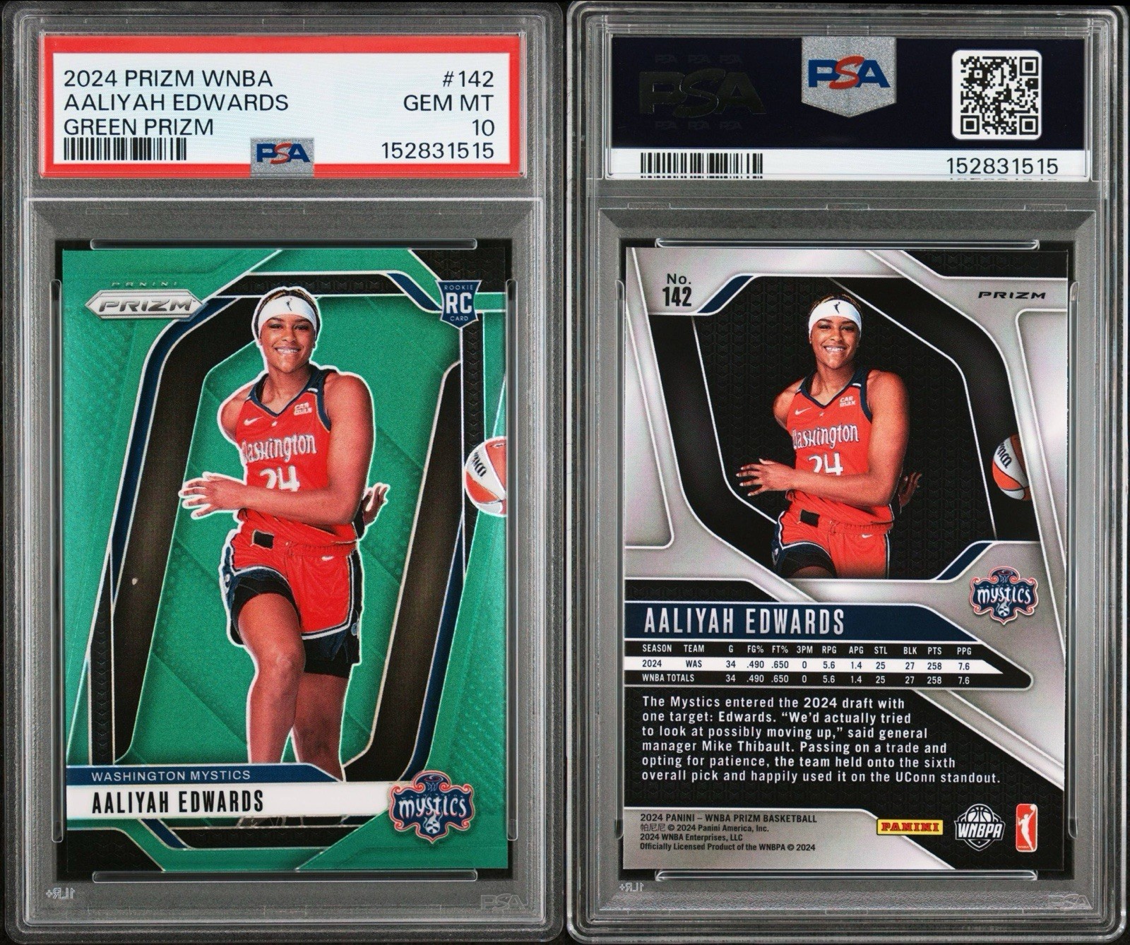 2024 PANINI PRIZM WNBA #142 AALIYAH EDWARDS RC GREEN PRIZM MYSTICS PSA 10 view 3