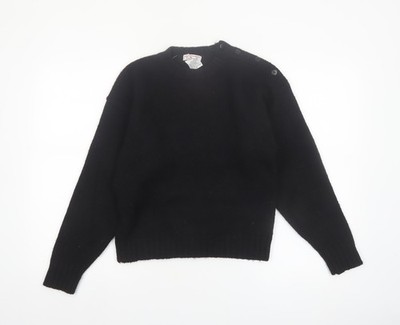 Talbots Damen Pullover schwarz Wolle Rundhalsausschnitt Knopfleiste Schulter M