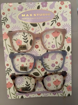 Max Studio Women's Reading Glasses 3-Pack Blush, Purple, T  Beige, +2.00
