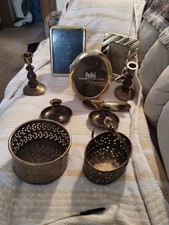 10 Piece Brass candle Holders; Baskets and PictureFrames; tray