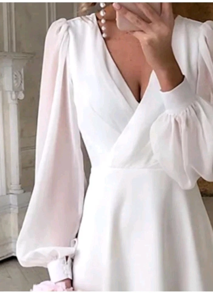 Vestidos de novia de manga larga hasta el té para novia de gasa con cuello en V línea A. Talla 10W Foto 4 de 4