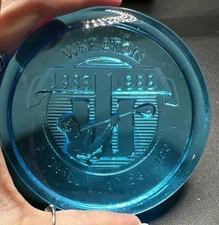 VINTAGE WHEATON BLUE GLASS, GLASS-BLOWING CENTENNIAL, 100TH BIRTHDAY-PAPERWEIGHT
