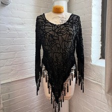 Vintage black fringe velvet silk top XL whims...