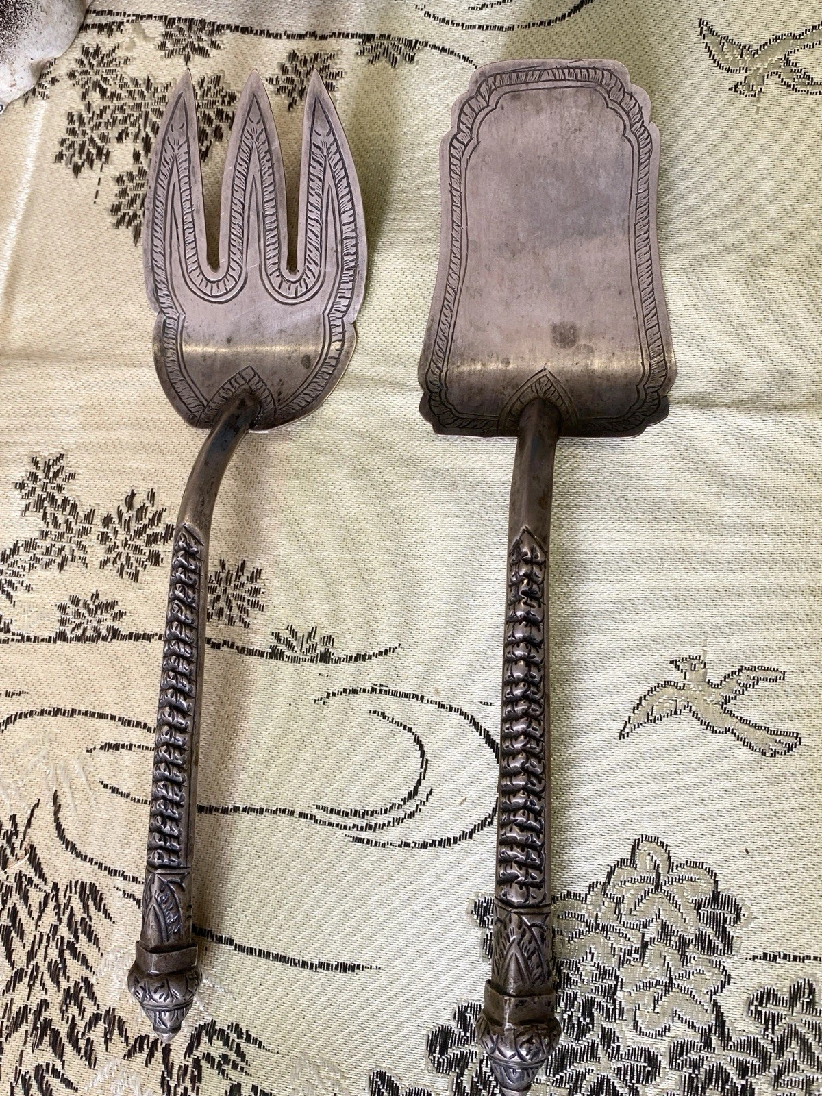 19th cent.North Africa Hand-Hammered Silver Cake&Pastry Server Fork&spoon Ladle