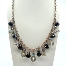Vintage Silver Tone Black Clear Crystal Dangle Necklace Bib Fringe Statement 90s