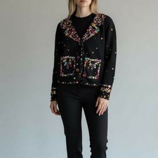 Michael Simon New York Vintage 1994 Beaded Cardigan Black Cropped Sweater Medium
