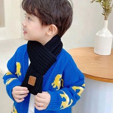 Children's Knitted Scarf Neck Protection Solid-Color Label Leather Scarf; V9E0