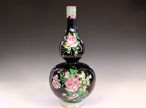 Ancien vase double gourde famille noire en faïence française - Photo 1/13