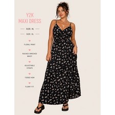 245-Inspired Hearts Maxi Dress XL Black Floral Smocked Boho Tiered Y2K Cottage