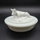 Vintage  Milk Glass Cow On Nest 7” Believed to be Kemple Glass Candy Dish