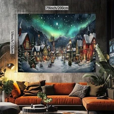 1pc Christmas Aurora Tapestry, Polar Light Wall Hanging, Snowy Mountain & Lake S