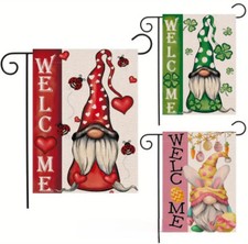 3 Pc Gnome Garden Flags Valentine's Day St. Patrick's Easter Outdoor Yard Decor