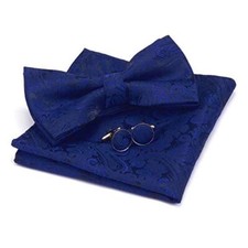 Paisley Adjustable Pre-tied Bow Tie and Pocket Square Cufflink Set with Blue