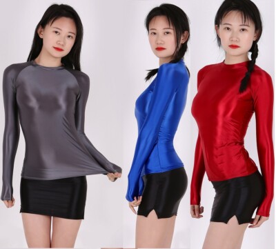 Damen Langarm Tops nass Glanz Satin Schlank T-Shirts Silky stretchig weich Shirt