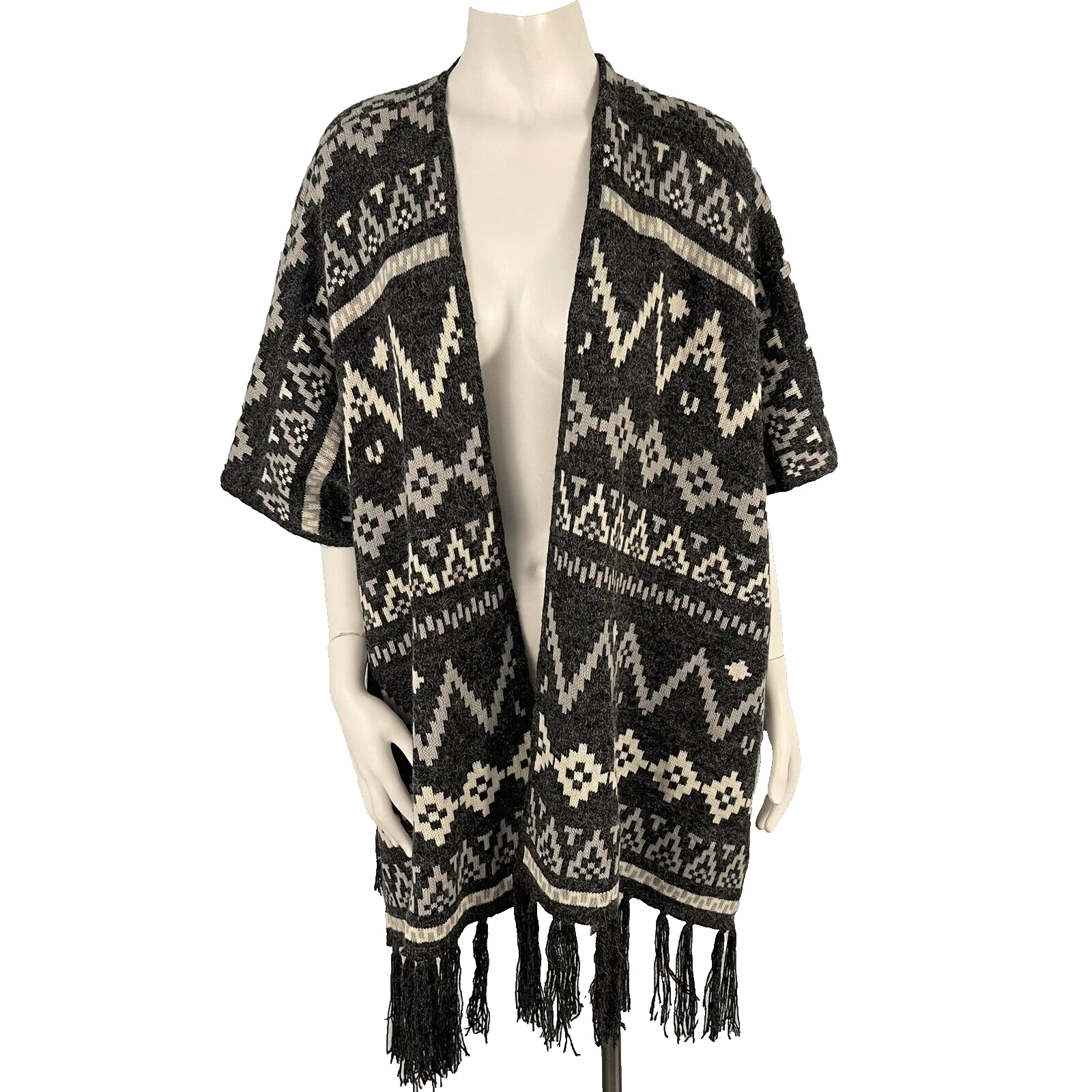 Debut Aztec Southwestern Native Boho Fringe Open Front Cardigan Sweater S/M